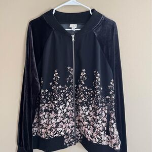 XXL A New Day Black Floral Spring Jacket with Velvet Sleeves